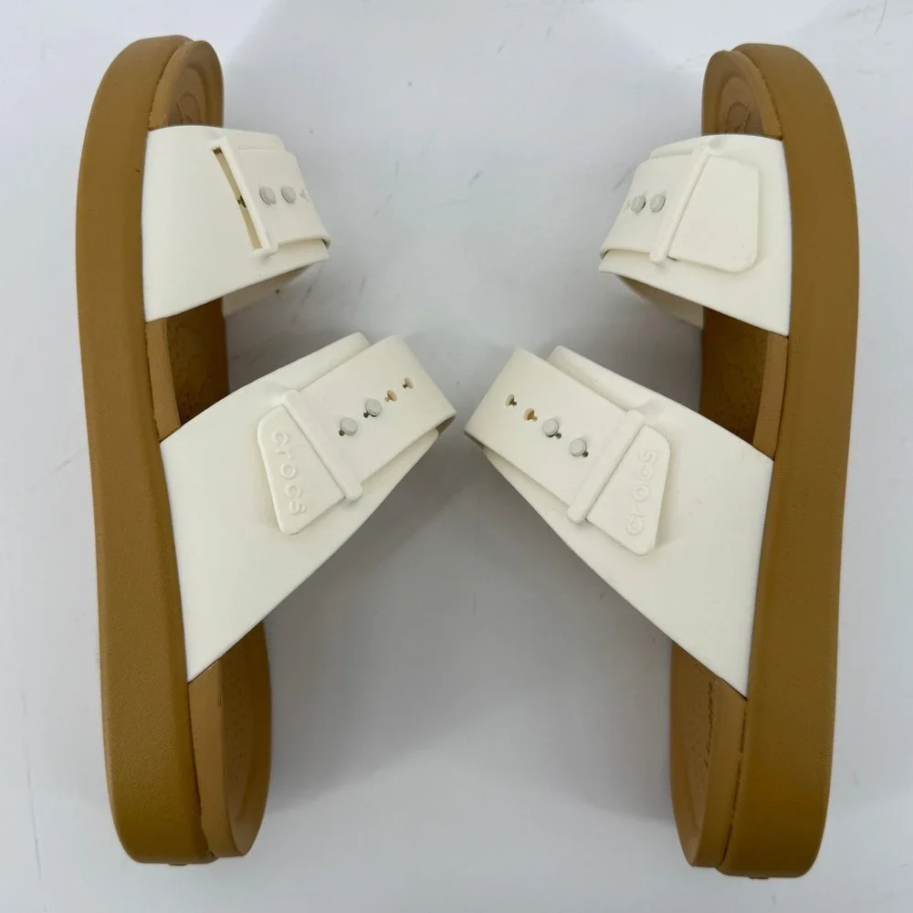 Crocs Brooklyn Buckle Low Wedge Sandal White Tan Women 6 Slip On Flip Flop New